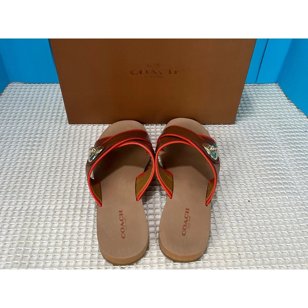 COACH Crossband‎ Sandals Slides Leather 6.5B Brown Orange Gold Hardware EUC